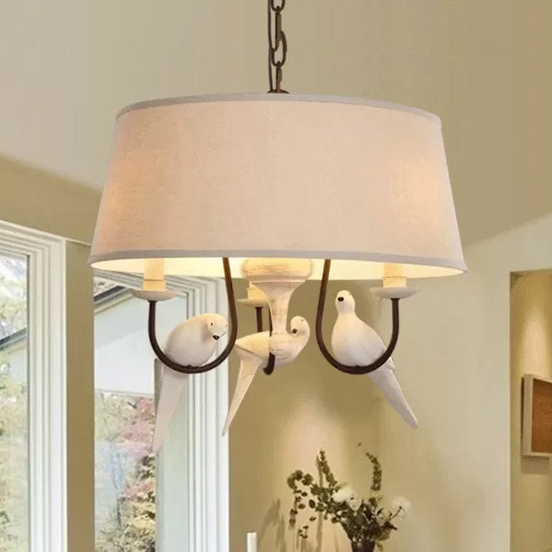 Fabric Beige Pendant Lamp Drum 3 Lights Vintage Chandelier Light Fixture for Bedroom with Bird Clearhalo 'Ceiling Lights' 'Chandeliers' Lighting' options 560442