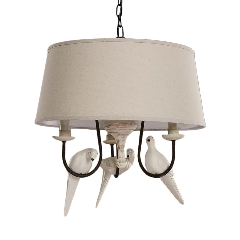 Fabric Beige Pendant Lamp Drum 3 Lights Vintage Chandelier Light Fixture for Bedroom with Bird Clearhalo 'Ceiling Lights' 'Chandeliers' Lighting' options 560443