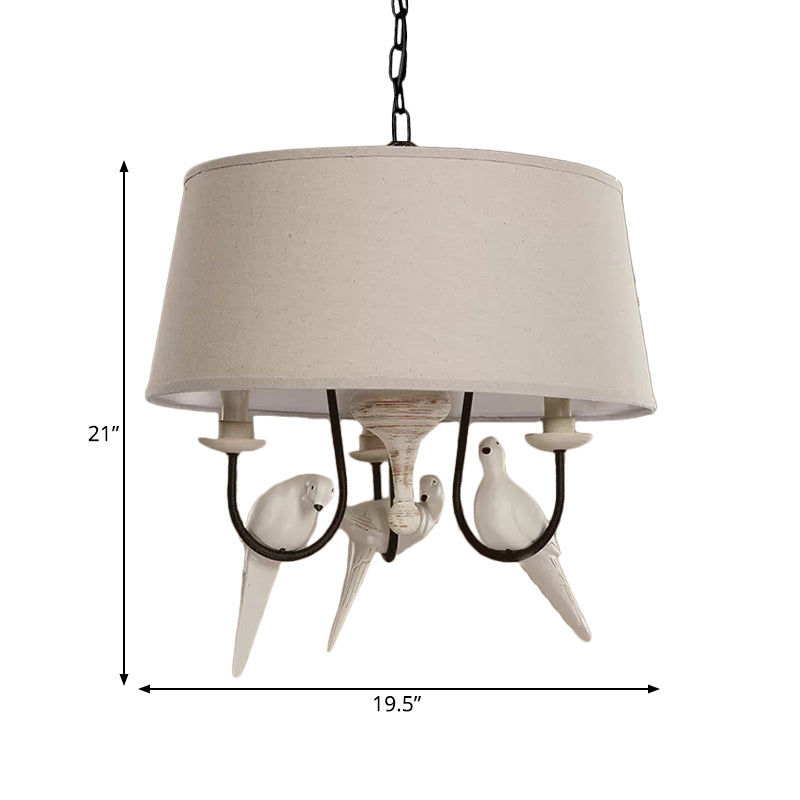 Fabric Beige Pendant Lamp Drum 3 Lights Vintage Chandelier Light Fixture for Bedroom with Bird Clearhalo 'Ceiling Lights' 'Chandeliers' Lighting' options 560445