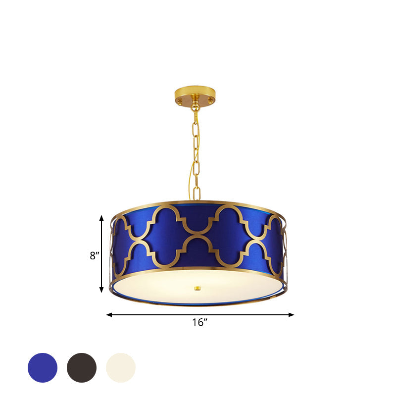 3 Lights Chandelier Light with Drum Shade Fabric Nordic Dining Room Ceiling Lamp in Black/White/Blue, 16