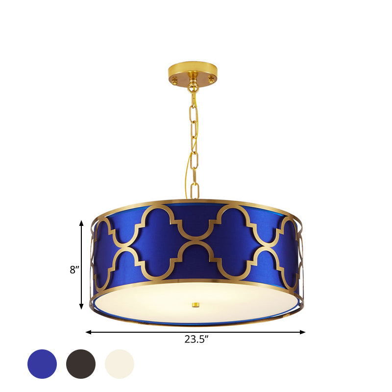 3 Lights Chandelier Light with Drum Shade Fabric Nordic Dining Room Ceiling Lamp in Black/White/Blue, 16