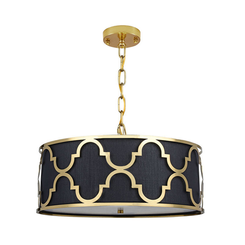 3 Lights Chandelier Light with Drum Shade Fabric Nordic Dining Room Ceiling Lamp in Black/White/Blue, 16