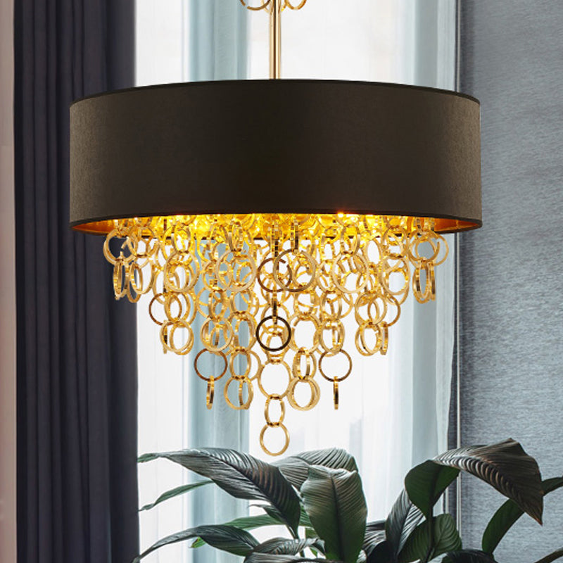 Cylinder Fabric Chandelier Lighting Vintage 3 Lights Living Room Pendant Lighting in Black with Gold Ring, 18