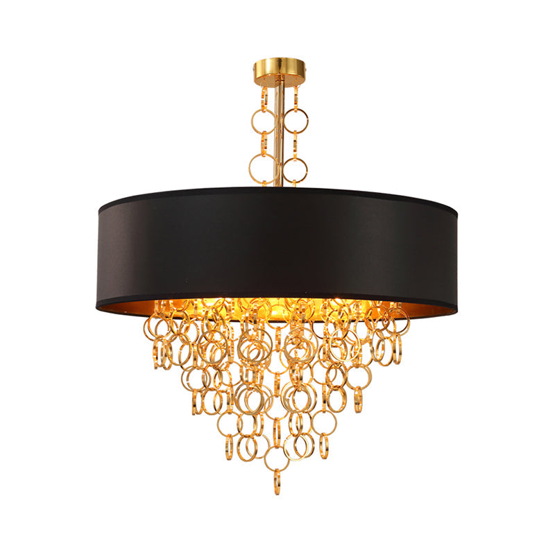 Cylinder Fabric Chandelier Lighting Vintage 3 Lights Living Room Pendant Lighting in Black with Gold Ring, 18