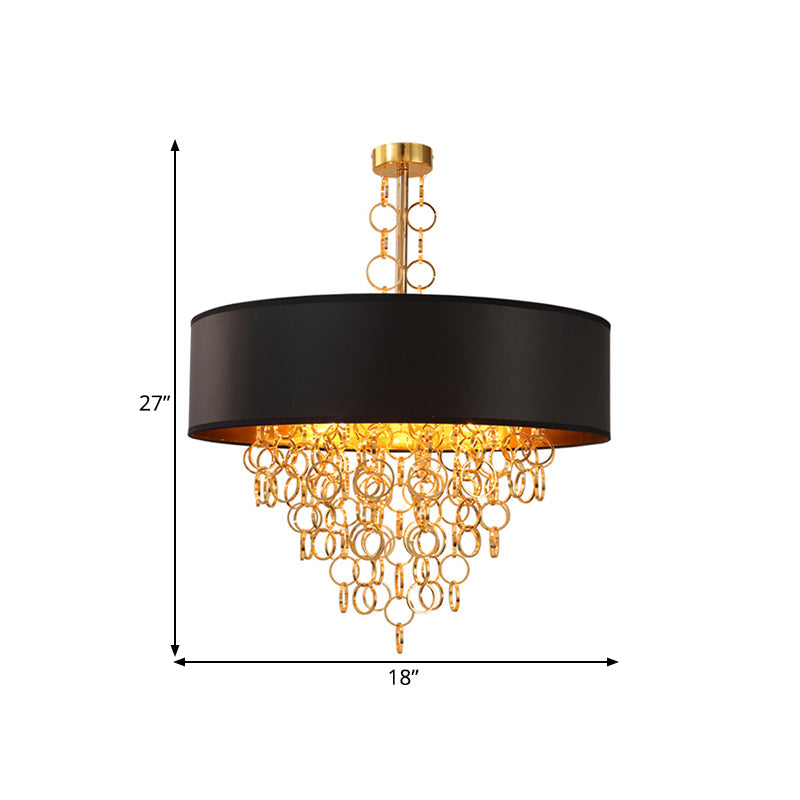 Cylinder Fabric Chandelier Lighting Vintage 3 Lights Living Room Pendant Lighting in Black with Gold Ring, 18