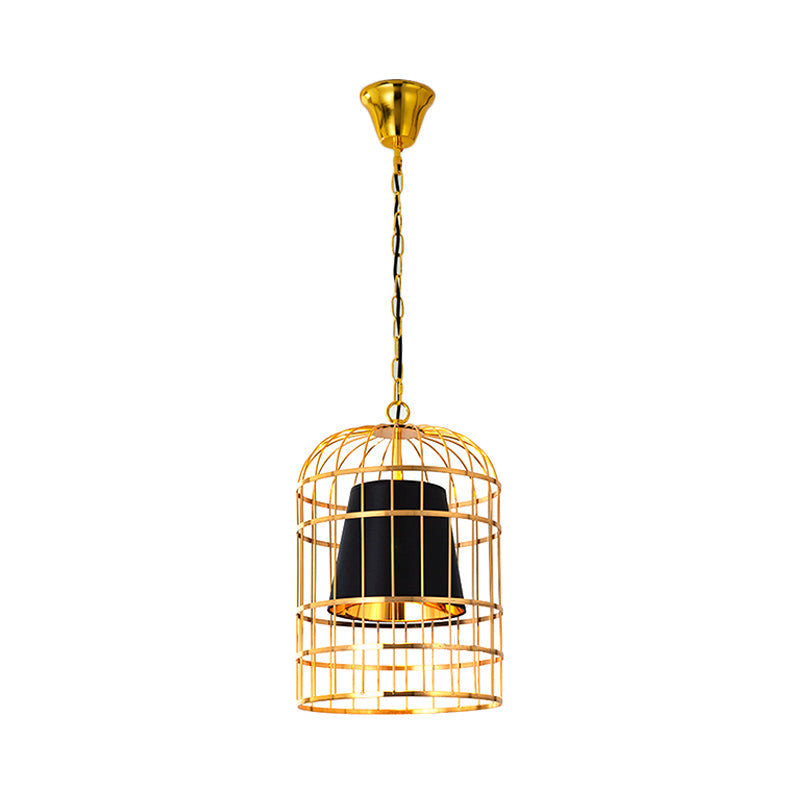 Black/White Bird Cage Ceiling Light Minimalistic Metal 1 Light Dining Room Pendant with Inner Cone Shade, 12