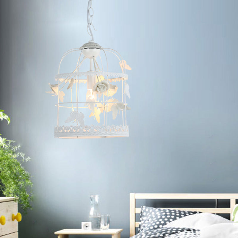 White Bird Cage Hanging Ceiling Light Traditional Metal 1 Light Bedroom Pendant Light Clearhalo 'Ceiling Lights' 'Pendant Lights' 'Pendants' Lighting' 560982