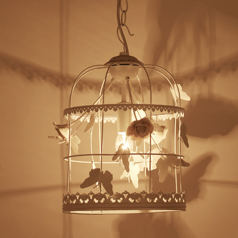 White Bird Cage Hanging Ceiling Light Traditional Metal 1 Light Bedroom Pendant Light Clearhalo 'Ceiling Lights' 'Pendant Lights' 'Pendants' Lighting' 560985