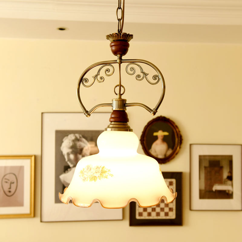 White 1 Light Pendant Light Fixture Traditional Glass Barn Suspension Light with Scalloped Edge White Clearhalo 'Ceiling Lights' 'Glass shade' 'Glass' 'Pendant Lights' 'Pendants' Lighting' 560987