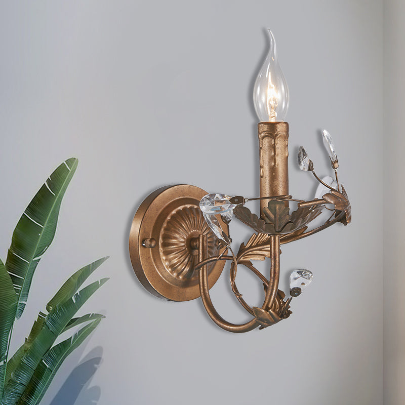 Vintage Candle Wall Sconce Light 1 Light Brass Metal Wall Mount Light with Crystal Accent Brass Clearhalo 'Wall Lamps & Sconces' 'Wall Lights' Lighting' 561028