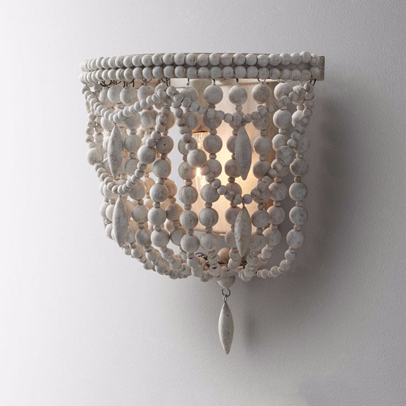 White Beaded Wall Mount Light Vintage Wood 1 Light Living Room Sconce Light Fixture Clearhalo 'Wall Lamps & Sconces' 'Wall Lights' Lighting' 561093