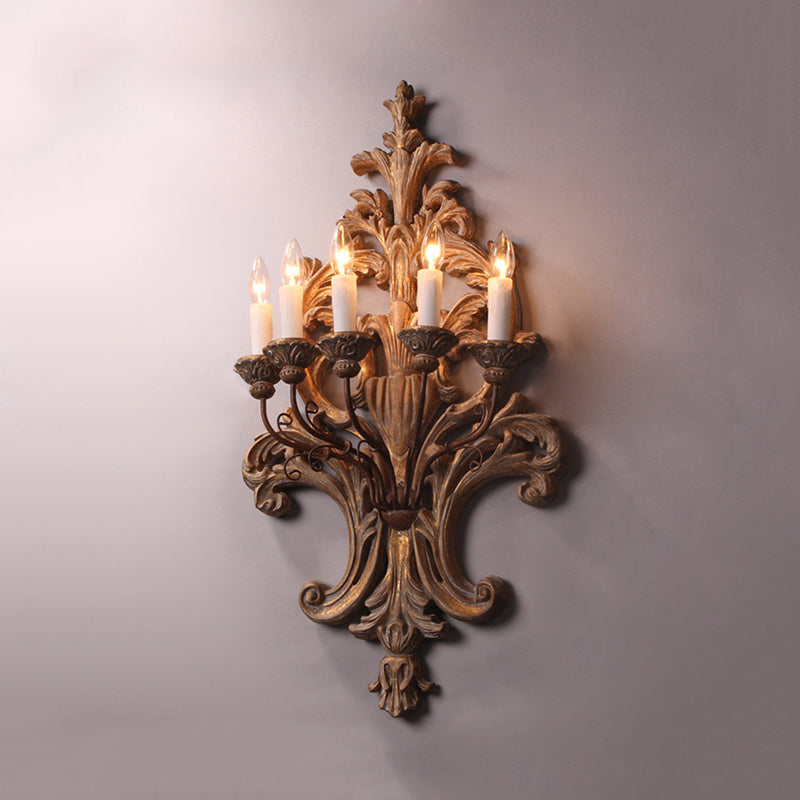 5 Lights Candle Sconce Light Vintage Wood Finish Metal Wall Mounted Light with Flower Grain Backplate Clearhalo 'Wall Lamps & Sconces' 'Wall Lights' Lighting' 561098