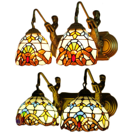 2 Heads Dome Sconce Light Baroque Beige Multicolor Stained Glass Wall Mount Light, 16