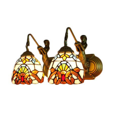 2 Heads Dome Sconce Light Baroque Beige Multicolor Stained Glass Wall Mount Light, 16