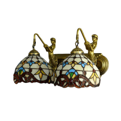 2 Heads Dome Sconce Light Baroque Beige Multicolor Stained Glass Wall Mount Light, 16