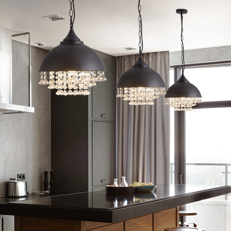 1 Bulb Dome Pendant Light Fixture Industrial Black/Chrome Metal Hanging Light with Crystal Bead Black Clearhalo 'Art Deco Pendants' 'Cast Iron' 'Ceiling Lights' 'Ceramic' 'Crystal' 'Industrial Pendants' 'Industrial' 'Metal' 'Middle Century Pendants' 'Pendant Lights' 'Pendants' 'Tiffany' Lighting' 5679