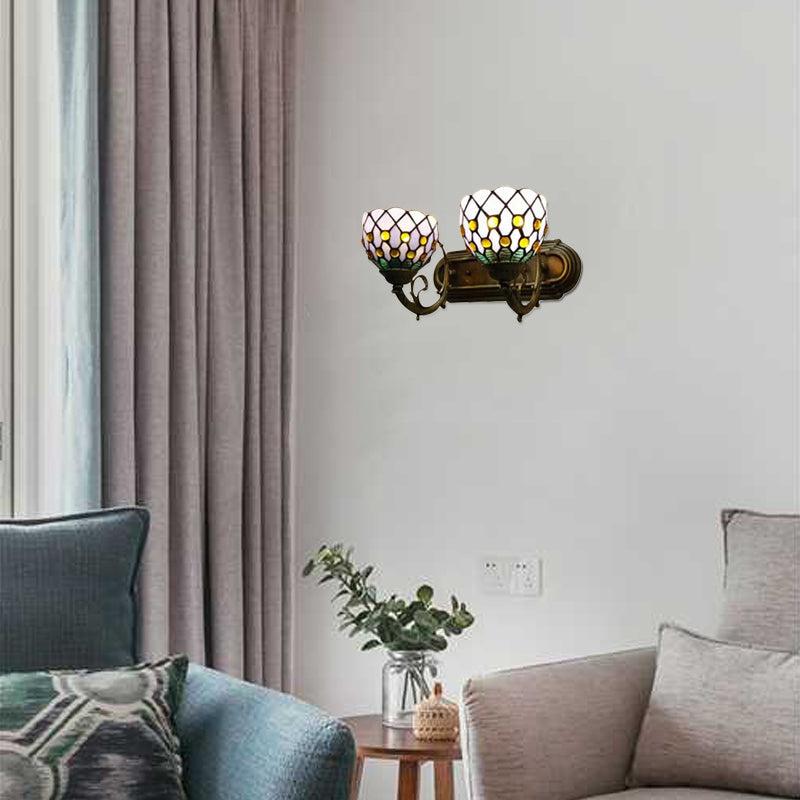 Tiffany Classic Domed Wall Sconce with Bead 2 Heads Stained Glass Wall Lamp in Red/Yellow for Hotel Yellow Clearhalo 'Industrial' 'Middle century wall lights' 'Tiffany wall lights' 'Tiffany' 'Wall Lamps & Sconces' 'Wall Lights' Lighting' 56853