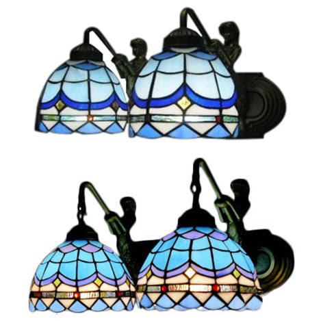 Dome Sconce Light Mediterranean Blue Glass 2 Heads 16