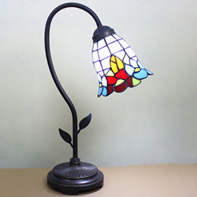 Blue/Red/Yellow Cone/Bell Shade Table Lamp Tiffany Stylish 1 Light Stainless Glass Table Lighting with Curved Arm Red Clearhalo 'Lamps' 'Table Lamps' Lighting' 58933