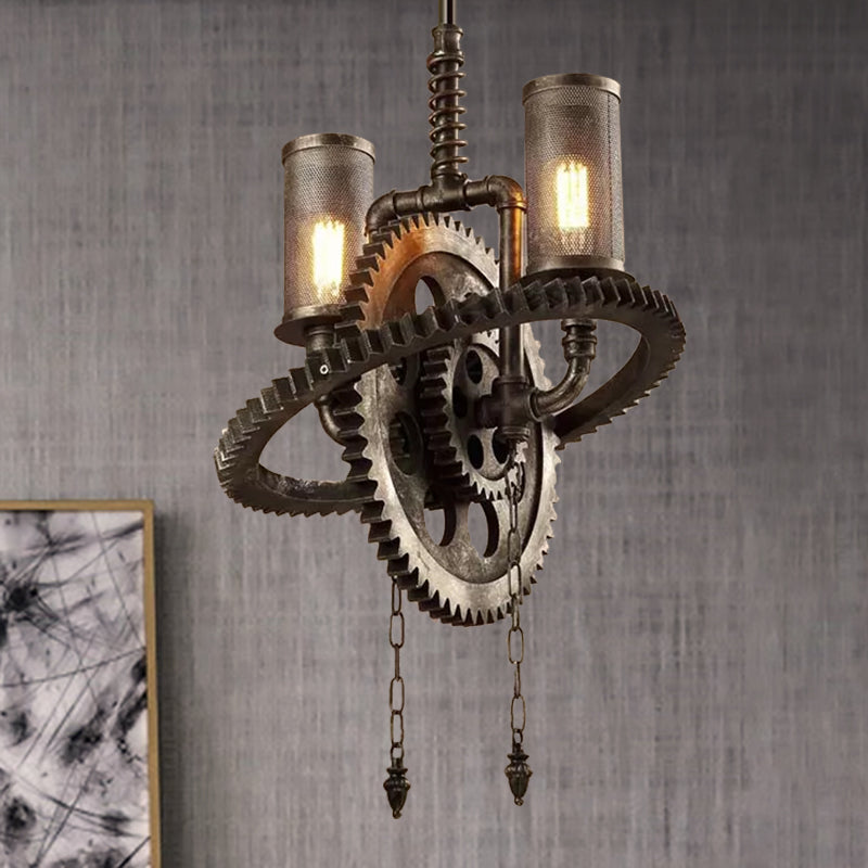 Wrought Iron Bronze Chandelier Lamp Gear Shaped 2 Lights Rustic Hanging Lamp with Cylinder Mesh Shade Bronze Clearhalo 'Cast Iron' 'Ceiling Lights' 'Chandeliers' 'Industrial Chandeliers' 'Industrial' 'Metal' 'Middle Century Chandeliers' 'Rustic Chandeliers' 'Tiffany' Lighting' 597856