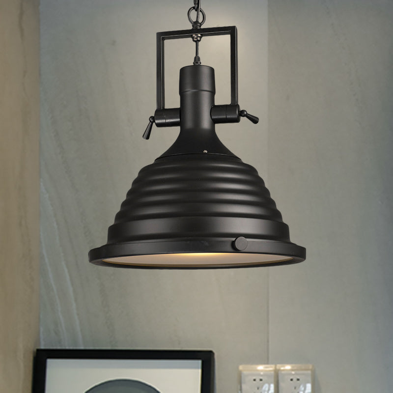 Black 1 Bulb Pendant Light Industrial Style Metallic Ripple Shade Hanging Lamp with Frosted Diffuser, 14