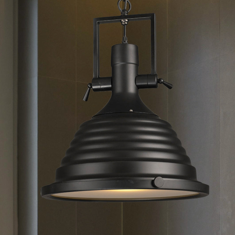 Black 1 Bulb Pendant Light Industrial Style Metallic Ripple Shade Hanging Lamp with Frosted Diffuser, 14