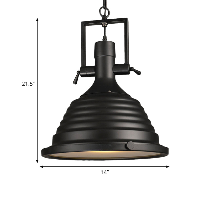 Black 1 Bulb Pendant Light Industrial Style Metallic Ripple Shade Hanging Lamp with Frosted Diffuser, 14