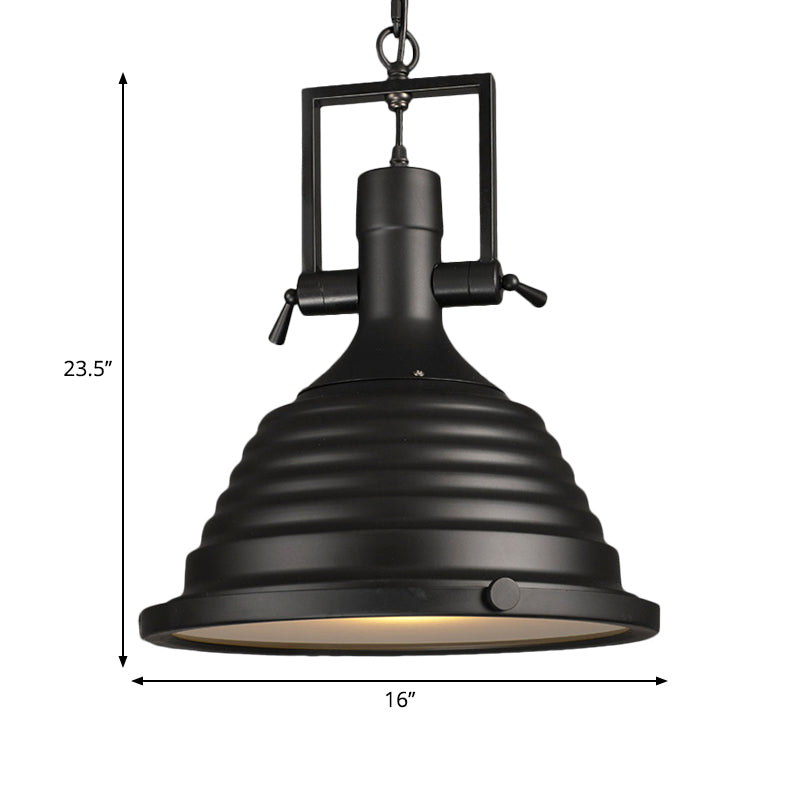 Black 1 Bulb Pendant Light Industrial Style Metallic Ripple Shade Hanging Lamp with Frosted Diffuser, 14