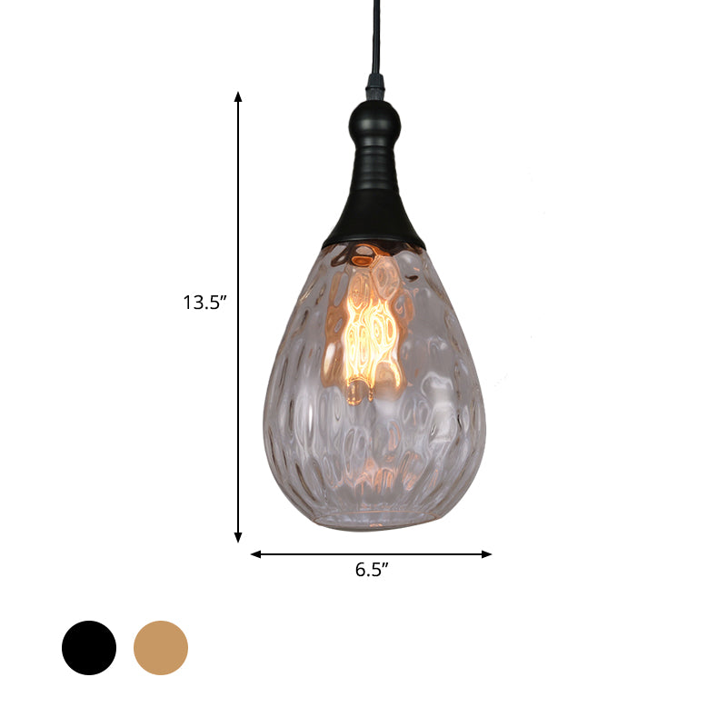 Black/Brass Teardrop Ceiling Light Industrial Clear/Amber/Grey Water Glass 1-Light Bedroom Pendant Lighting Fixture Clearhalo 'Ceiling Lights' 'Glass shade' 'Glass' 'Industrial Pendants' 'Industrial' 'Middle Century Pendants' 'Pendant Lights' 'Pendants' 'Tiffany' Lighting' 599425