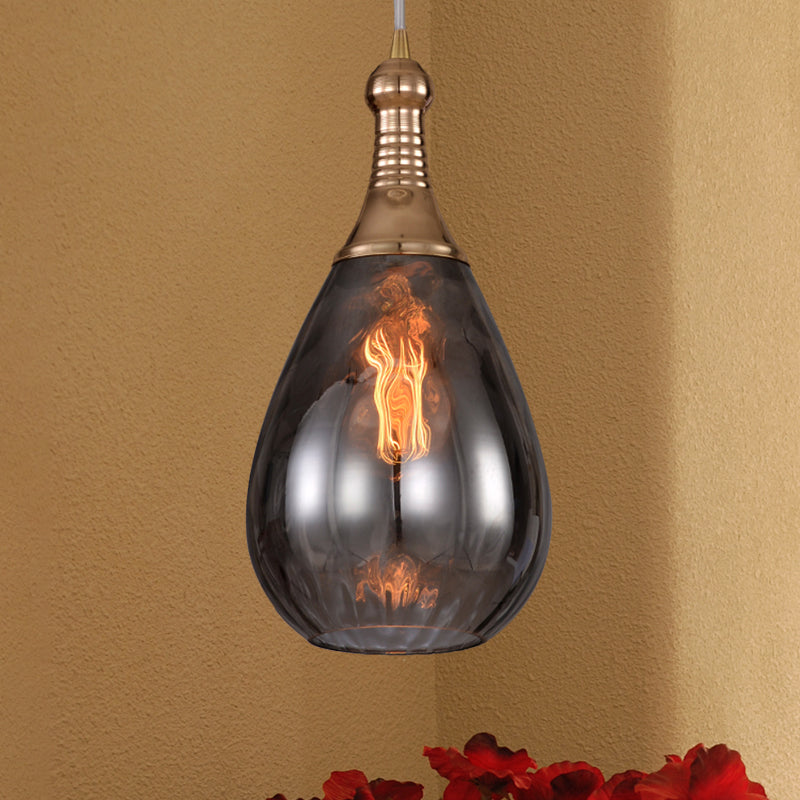 Black/Brass Teardrop Ceiling Light Industrial Clear/Amber/Grey Water Glass 1-Light Bedroom Pendant Lighting Fixture Smoke Gray Brass Clearhalo 'Ceiling Lights' 'Glass shade' 'Glass' 'Industrial Pendants' 'Industrial' 'Middle Century Pendants' 'Pendant Lights' 'Pendants' 'Tiffany' Lighting' 599435