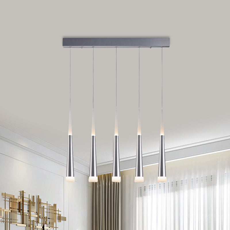 Tapered Hanging Lamp Modern Metal 5/6 Heads Silver Hanging Pendant Light for Dining Room in Warm/White/Neutral 5 Silver Clearhalo 'Ceiling Lights' 'Modern Pendants' 'Modern' 'Pendant Lights' 'Pendants' Lighting' 600124