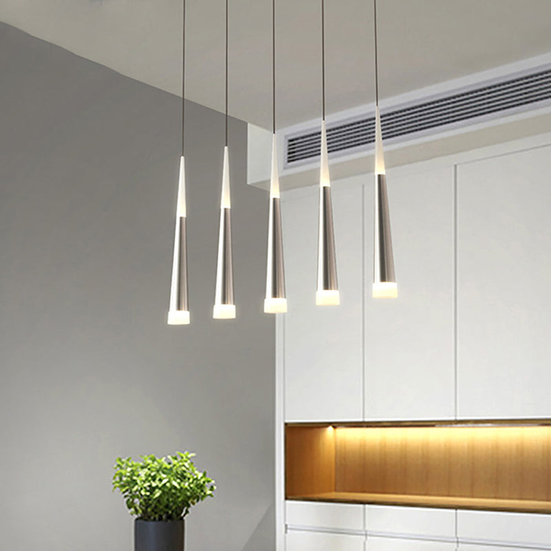 Tapered Hanging Lamp Modern Metal 5/6 Heads Silver Hanging Pendant Light for Dining Room in Warm/White/Neutral Clearhalo 'Ceiling Lights' 'Modern Pendants' 'Modern' 'Pendant Lights' 'Pendants' Lighting' 600126