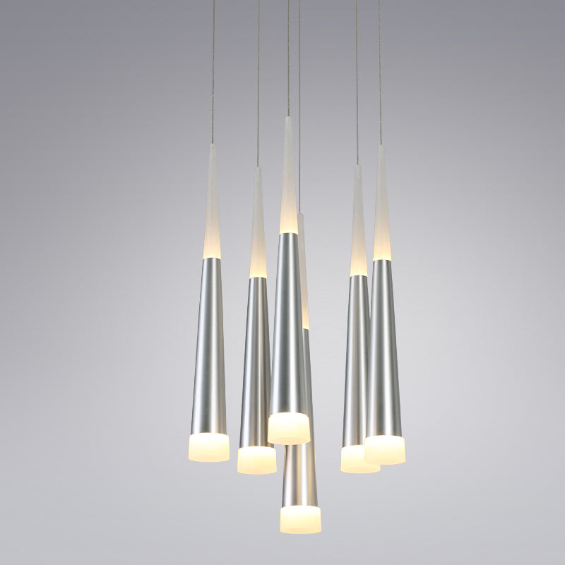 Tapered Hanging Lamp Modern Metal 5/6 Heads Silver Hanging Pendant Light for Dining Room in Warm/White/Neutral Clearhalo 'Ceiling Lights' 'Modern Pendants' 'Modern' 'Pendant Lights' 'Pendants' Lighting' 600131