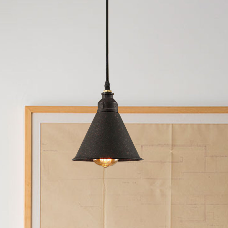 Antique Cone Shade Hanging Lighting 1 Bulb Metallic Ceiling Light Fixture in Black for Restaurant Clearhalo 'Art Deco Pendants' 'Cast Iron' 'Ceiling Lights' 'Ceramic' 'Crystal' 'Industrial Pendants' 'Industrial' 'Metal' 'Middle Century Pendants' 'Pendant Lights' 'Pendants' 'Tiffany' Lighting' 600187