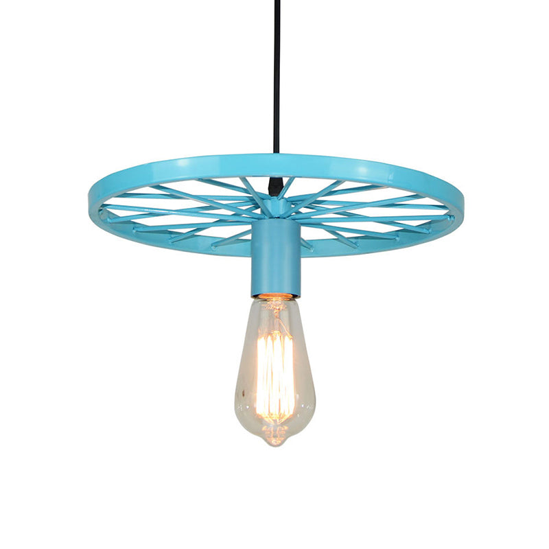 Vintage Bare Bulb Ceiling Light Fixture with Wheel Decoration 1 Light Wrought Iron Pendant Lamp in Blue/Yellow Clearhalo 'Ceiling Lights' 'Pendant Lights' 'Pendants' Lighting' 600305