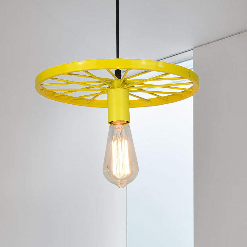 Vintage Bare Bulb Ceiling Light Fixture with Wheel Decoration 1 Light Wrought Iron Pendant Lamp in Blue/Yellow Clearhalo 'Ceiling Lights' 'Pendant Lights' 'Pendants' Lighting' 600306