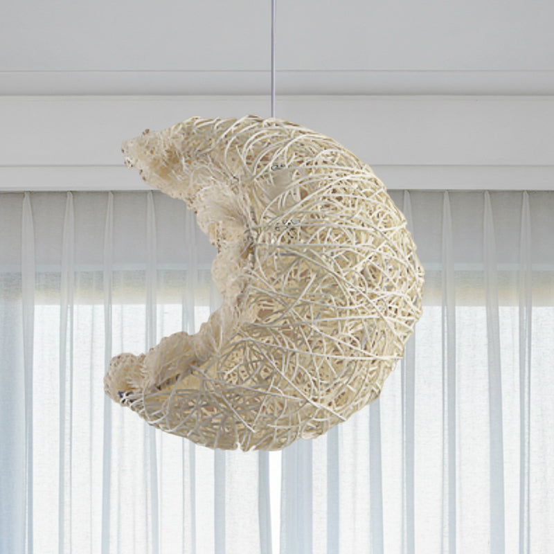 Hand Knitted Rattan Moon Shaped Pendant Light Rustic Single Light Hanging Lamp in Beige for Kids Room Clearhalo 'Ceiling Lights' 'Pendant Lights' 'Pendants' Lighting' 600577