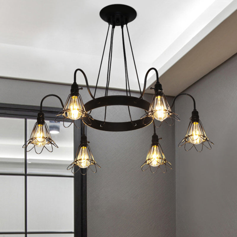 3/8 Lights Chandelier Lamp Vintage Style Wire Cage Iron Ceiling Light Fixture with Petal Shade in Black 6 Black Clearhalo 'Cast Iron' 'Ceiling Lights' 'Chandeliers' 'Industrial Chandeliers' 'Industrial' 'Metal' 'Middle Century Chandeliers' 'Rustic Chandeliers' 'Tiffany' Lighting' 600729