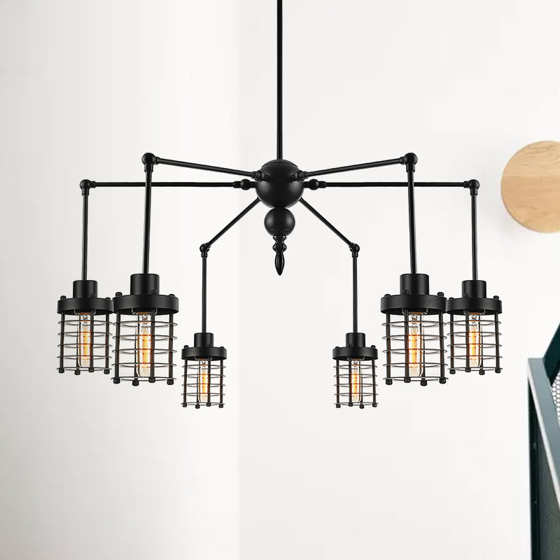 Adjustable Spider Iron Pendant Light Antique 6-Light Living Room Chandelier Lamp with Cylinder Cage Shade in Black Black Clearhalo 'Cast Iron' 'Ceiling Lights' 'Chandeliers' 'Industrial Chandeliers' 'Industrial' 'Metal' 'Middle Century Chandeliers' 'Rustic Chandeliers' 'Tiffany' Lighting' 600737