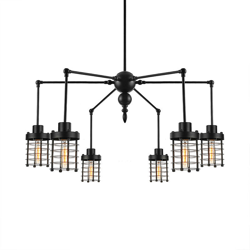 Adjustable Spider Iron Pendant Light Antique 6-Light Living Room Chandelier Lamp with Cylinder Cage Shade in Black Clearhalo 'Cast Iron' 'Ceiling Lights' 'Chandeliers' 'Industrial Chandeliers' 'Industrial' 'Metal' 'Middle Century Chandeliers' 'Rustic Chandeliers' 'Tiffany' Lighting' 600740