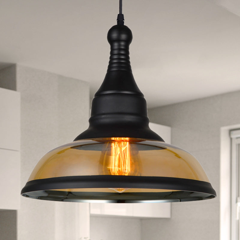 1 Light Pendant Lighting Industrial Dome Shade Amber Glass Hanging Ceiling Light in Black Black Clearhalo 'Ceiling Lights' 'Close To Ceiling Lights' 'Glass shade' 'Glass' 'Industrial Pendants' 'Industrial' 'Middle Century Pendants' 'Pendant Lights' 'Pendants' 'Tiffany' Lighting' 601473