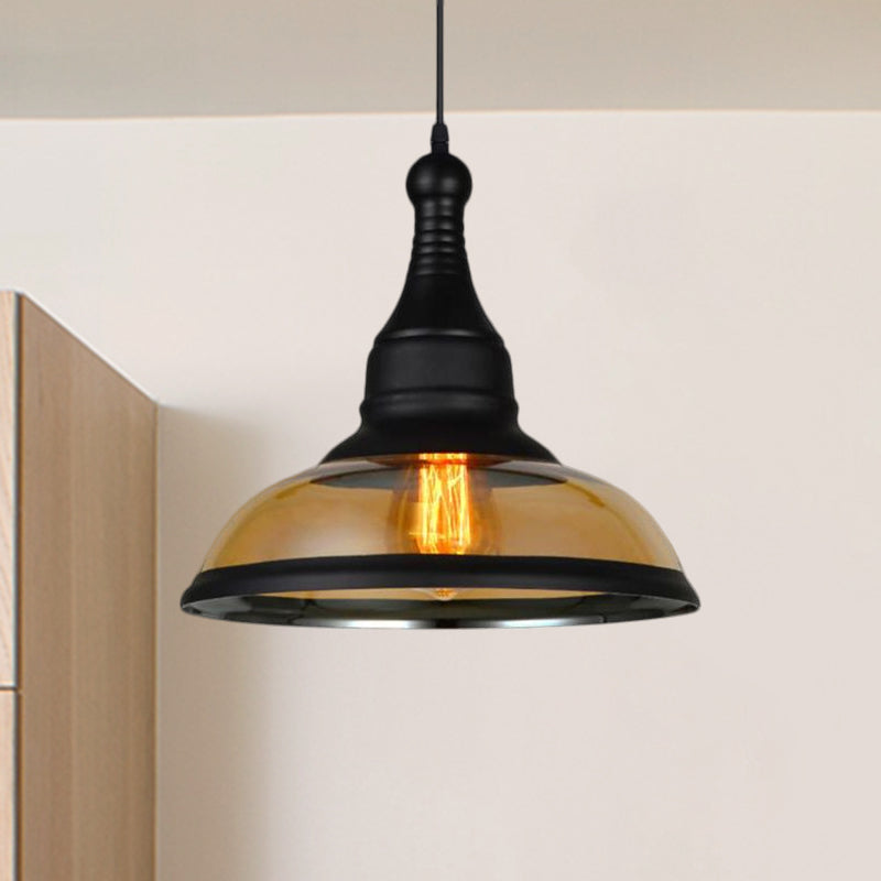 1 Light Pendant Lighting Industrial Dome Shade Amber Glass Hanging Ceiling Light in Black Clearhalo 'Ceiling Lights' 'Close To Ceiling Lights' 'Glass shade' 'Glass' 'Industrial Pendants' 'Industrial' 'Middle Century Pendants' 'Pendant Lights' 'Pendants' 'Tiffany' Lighting' 601474