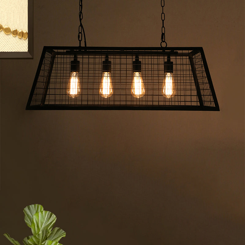 Vintage Stylish Trapezoid Cage Island Pendant Lamp 4 Lights Metal Hanging Light Fixture with Adjustable Chain in Black Black Clearhalo 'Ceiling Lights' 'Island Lights' Lighting' 601841