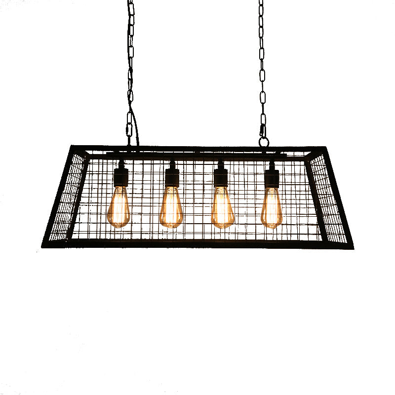 Vintage Stylish Trapezoid Cage Island Pendant Lamp 4 Lights Metal Hanging Light Fixture with Adjustable Chain in Black Clearhalo 'Ceiling Lights' 'Island Lights' Lighting' 601843
