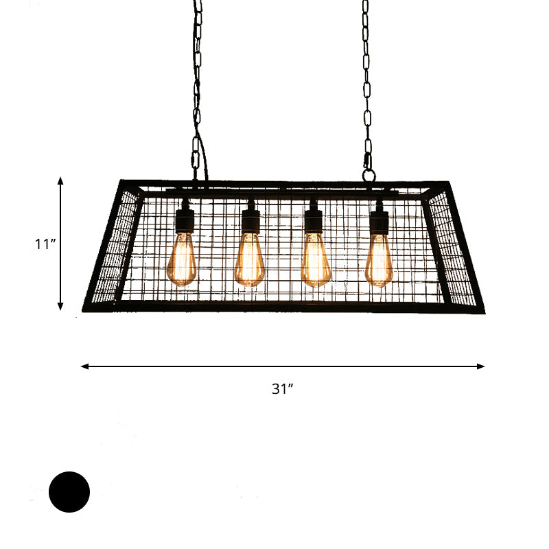 Vintage Stylish Trapezoid Cage Island Pendant Lamp 4 Lights Metal Hanging Light Fixture with Adjustable Chain in Black Clearhalo 'Ceiling Lights' 'Island Lights' Lighting' 601845
