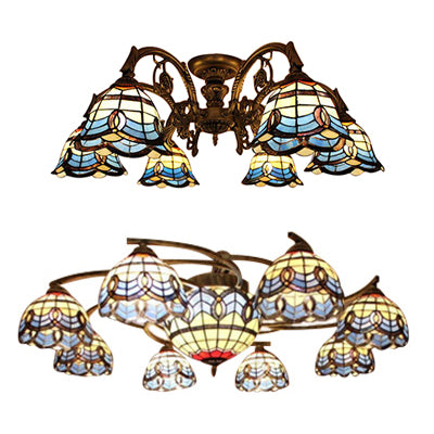 6/9 Lights Baroque Design Living Room Ceiling Fixture Blue Glass Tiffany Vintage Semi Flush Ceiling Light Clearhalo 'Ceiling Lights' 'Close To Ceiling Lights' 'Close to ceiling' 'Glass shade' 'Glass' 'Semi-flushmount' 'Tiffany close to ceiling' 'Tiffany' Lighting' 60199