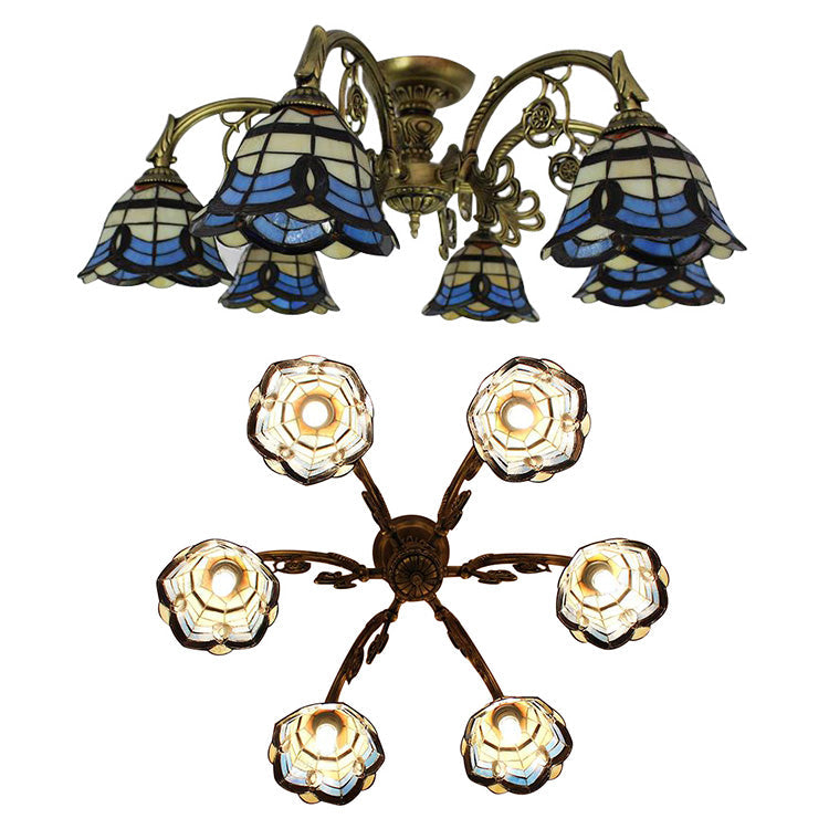 6/9 Lights Baroque Design Living Room Ceiling Fixture Blue Glass Tiffany Vintage Semi Flush Ceiling Light Clearhalo 'Ceiling Lights' 'Close To Ceiling Lights' 'Close to ceiling' 'Glass shade' 'Glass' 'Semi-flushmount' 'Tiffany close to ceiling' 'Tiffany' Lighting' 60201