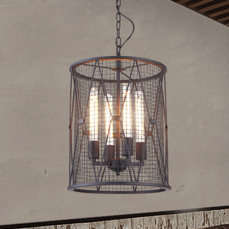 Mesh Cylinder Metal Shade Pendant Lighting Farmhouse 4 Bulbs Restaurant Chandelier Pendant Light in Black Black Clearhalo 'Cast Iron' 'Ceiling Lights' 'Chandeliers' 'Industrial Chandeliers' 'Industrial' 'Metal' 'Middle Century Chandeliers' 'Rustic Chandeliers' 'Tiffany' Lighting' 602152