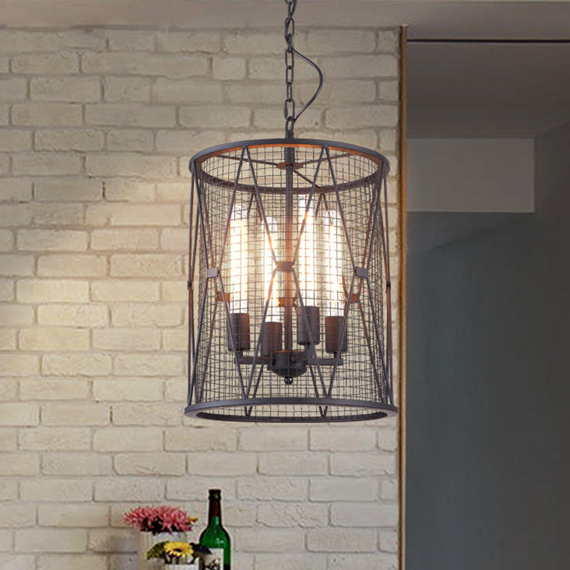 Mesh Cylinder Metal Shade Pendant Lighting Farmhouse 4 Bulbs Restaurant Chandelier Pendant Light in Black Clearhalo 'Cast Iron' 'Ceiling Lights' 'Chandeliers' 'Industrial Chandeliers' 'Industrial' 'Metal' 'Middle Century Chandeliers' 'Rustic Chandeliers' 'Tiffany' Lighting' 602153