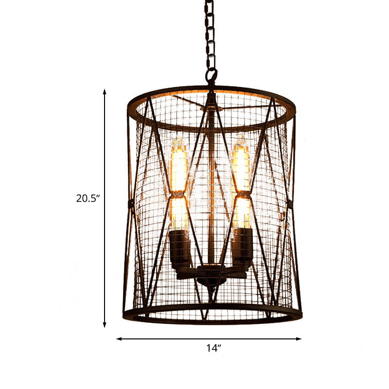 Mesh Cylinder Metal Shade Pendant Lighting Farmhouse 4 Bulbs Restaurant Chandelier Pendant Light in Black Clearhalo 'Cast Iron' 'Ceiling Lights' 'Chandeliers' 'Industrial Chandeliers' 'Industrial' 'Metal' 'Middle Century Chandeliers' 'Rustic Chandeliers' 'Tiffany' Lighting' 602156